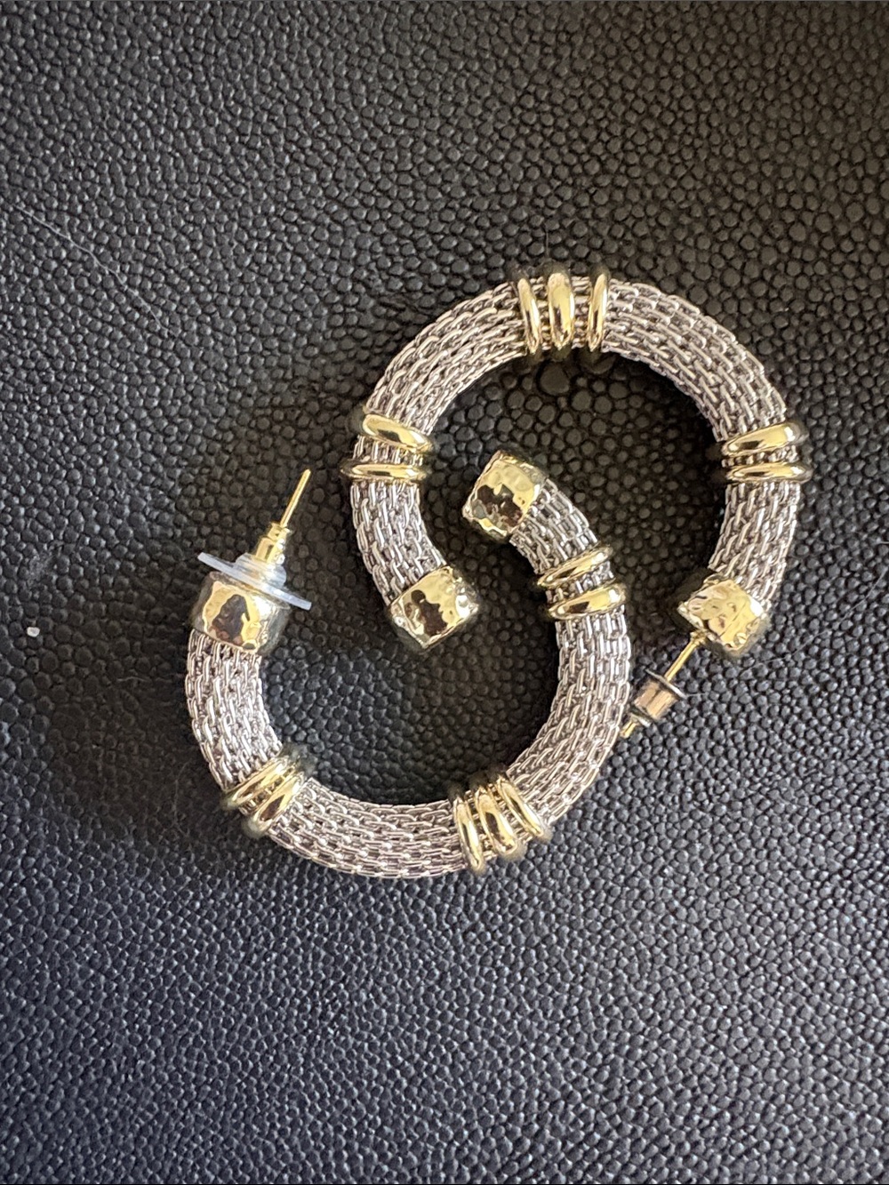 Two-Tone Silver and Gold Mesh Hoop Earrings - Women's Jewelry